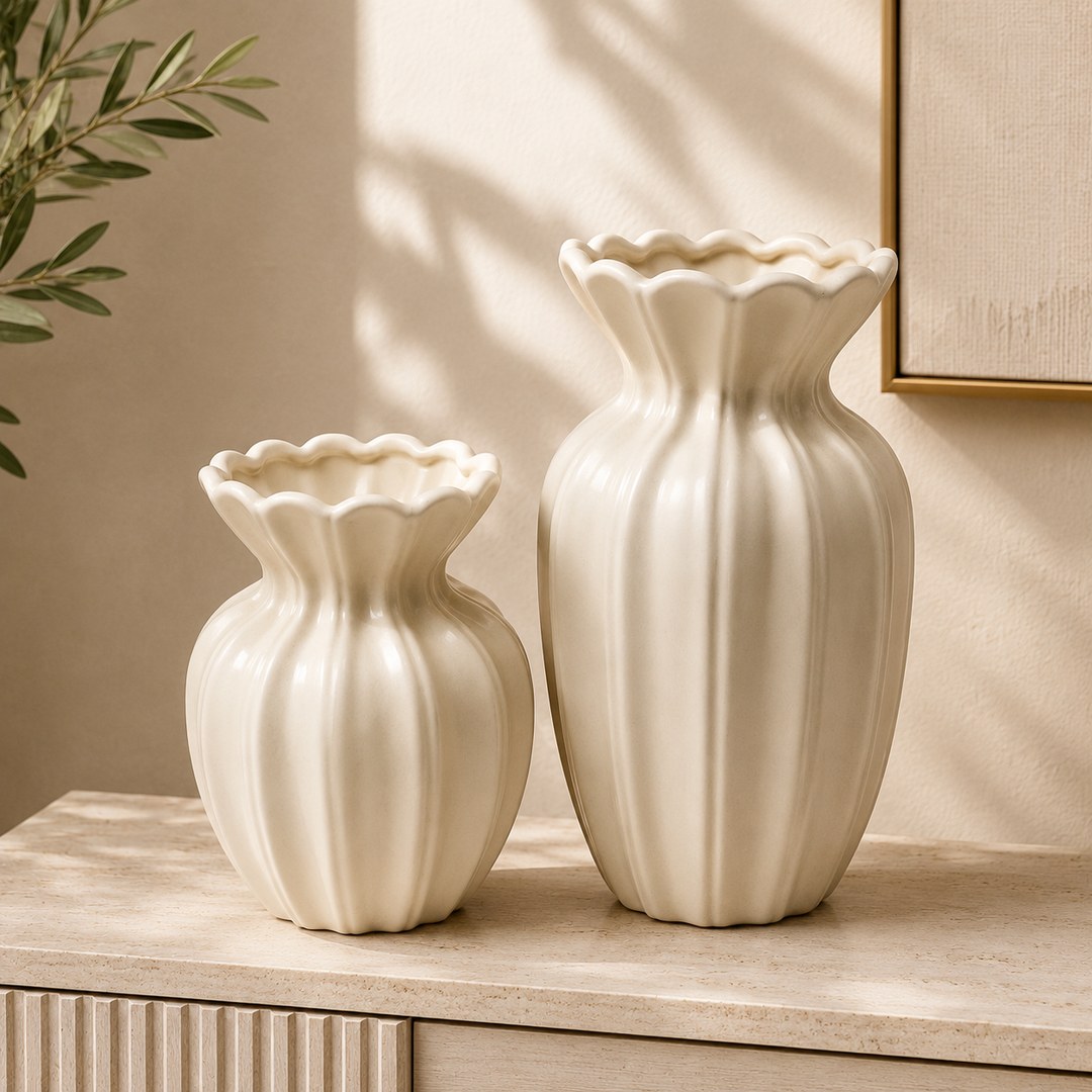 Ivory ribbed ceramic vase pair with staggered heights