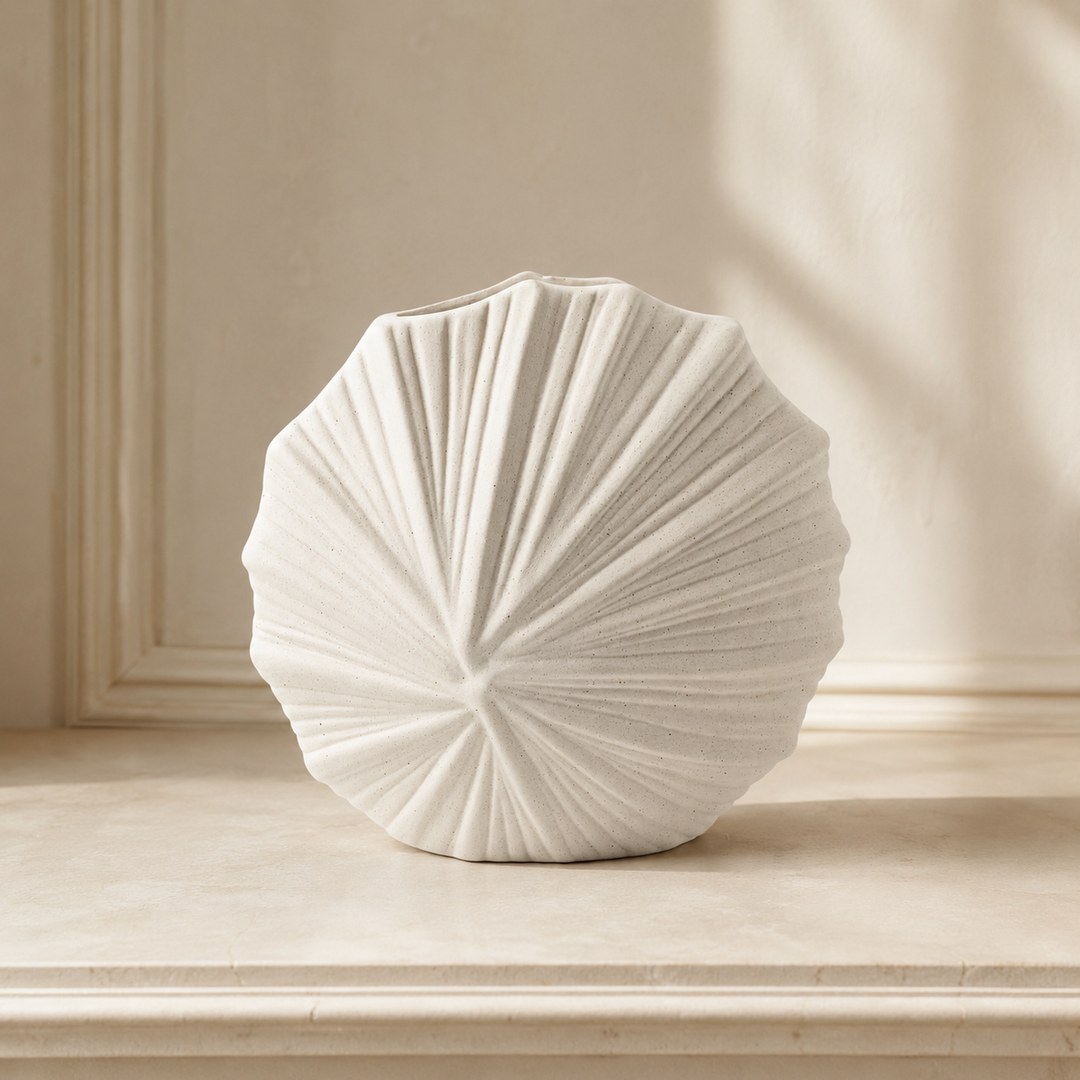 White shell-texture ceramic vase displayed as a single statement piece