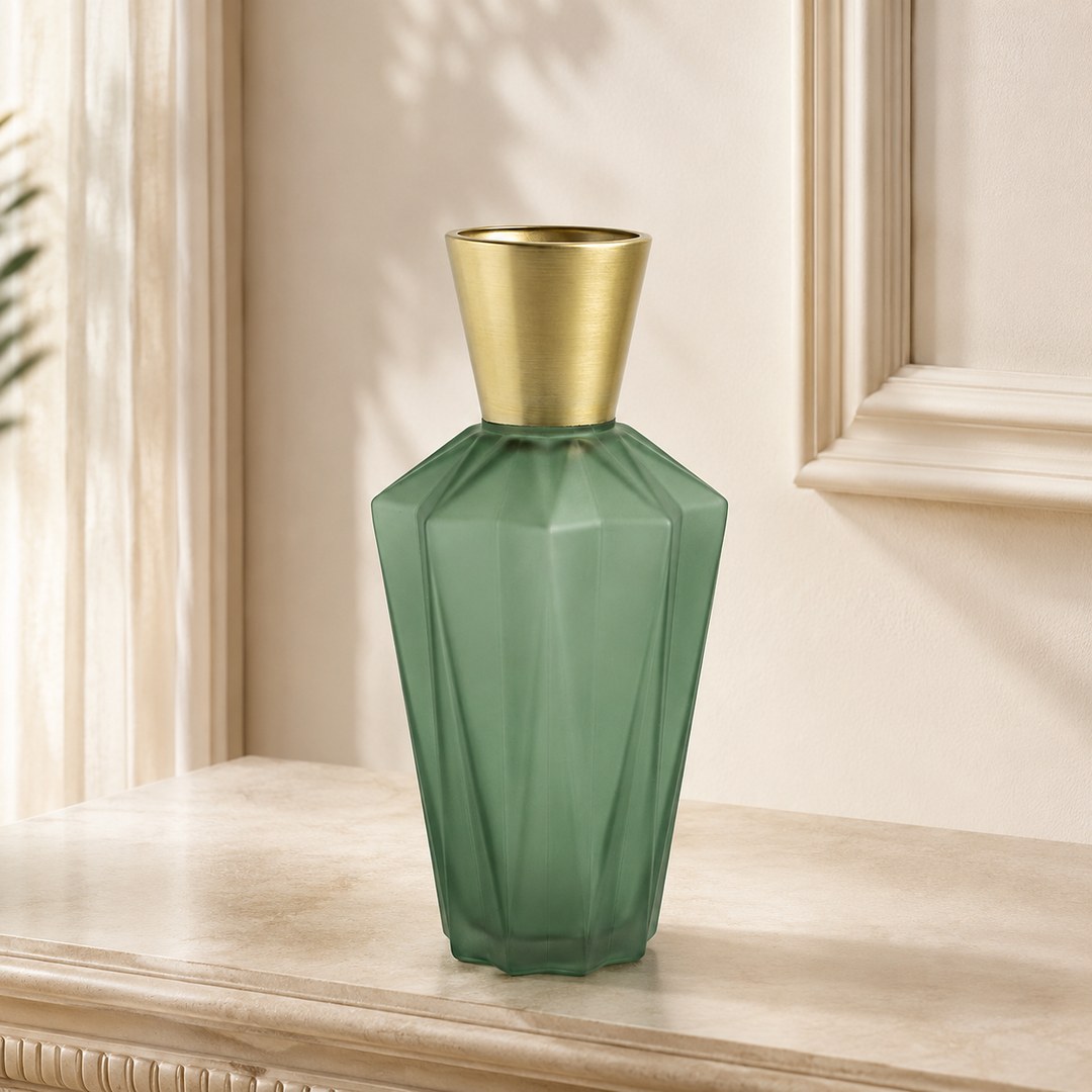 Sage geometric decorative vase on a light console
