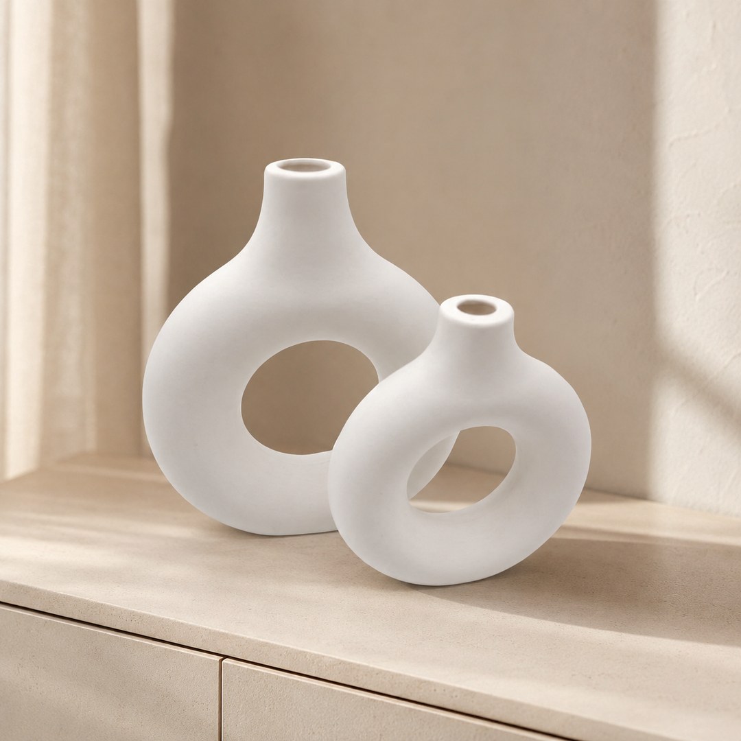 White torus decorative vase pair with open loop centres on a shelf