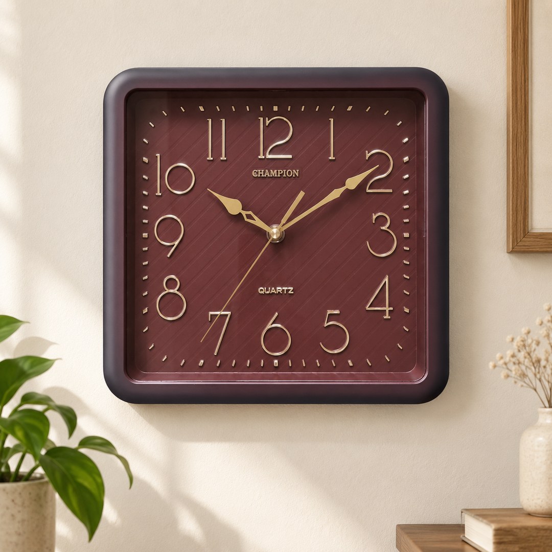 Burgundy square Champion wall clock on a light wall