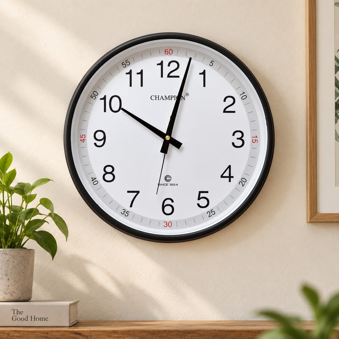 White dial Champion clock with black frame and minute scale