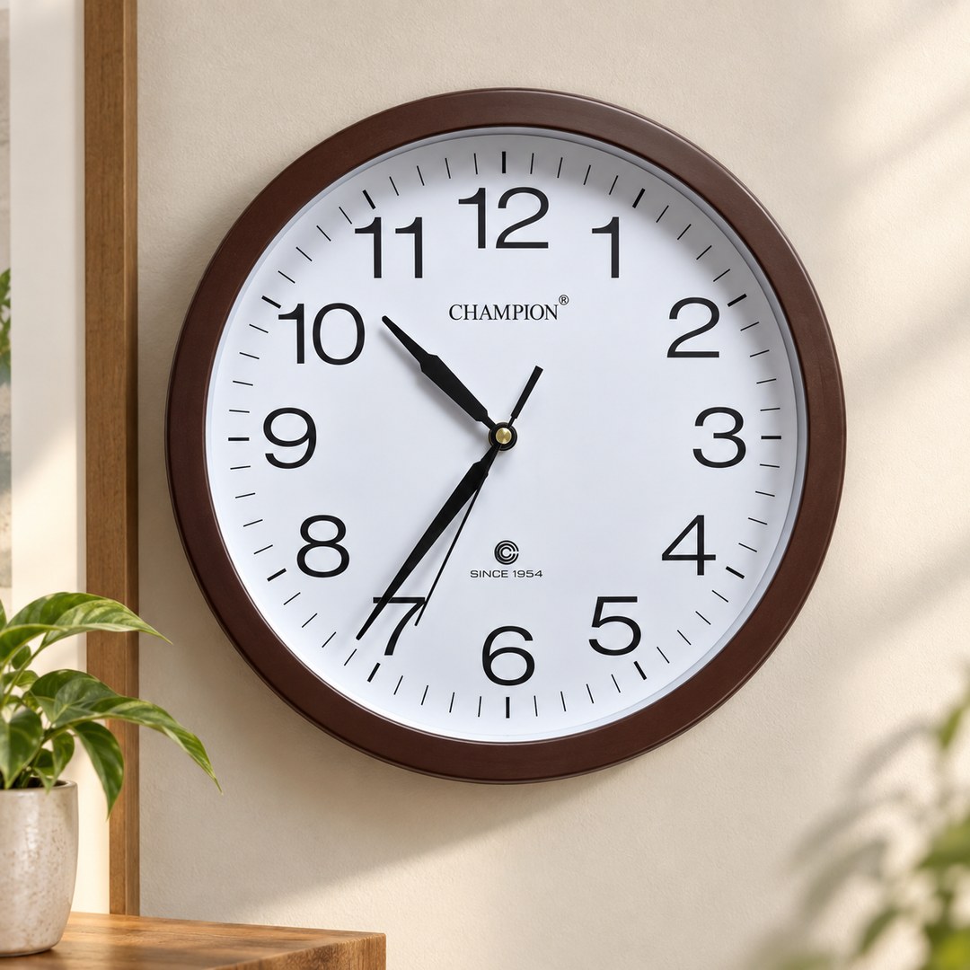 Chocolate-brown Champion wall clock with a white dial