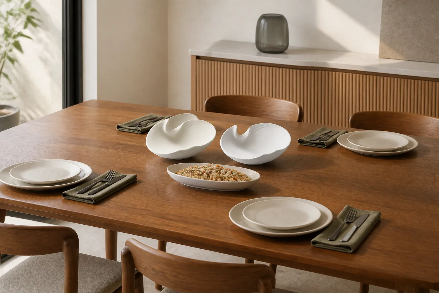 A low white bowl set leaving room for place settings and a serving dish on a rectangular dining table