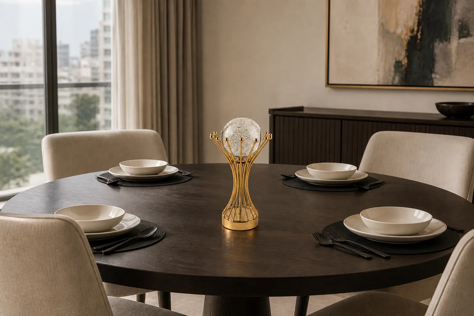 A single golden globe centrepiece preserving open space on a round dining table