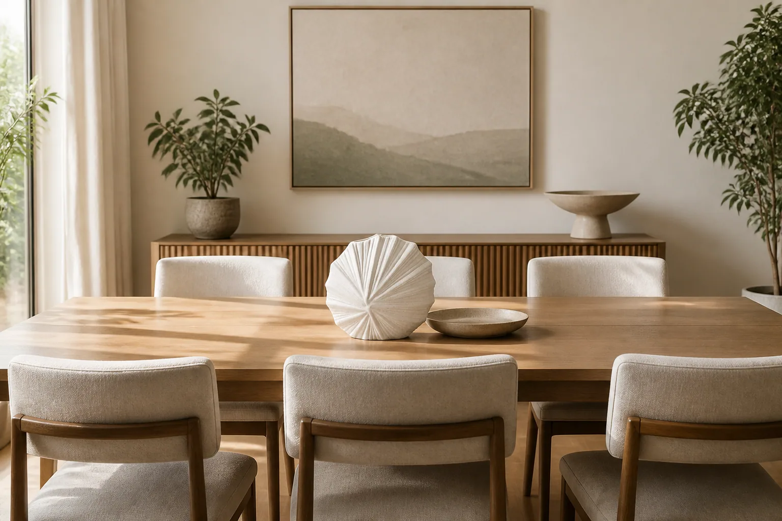 A low white shell-textured vase preserving clear views across a dining table