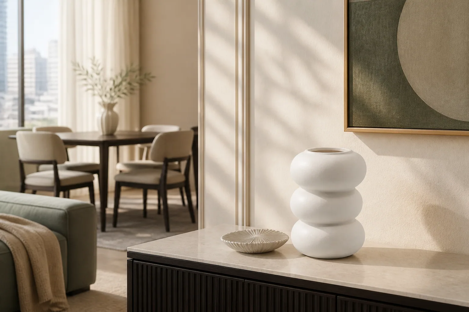 A rounded white sculptural vase balanced with one low bowl and open space on a console